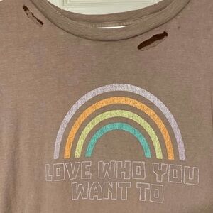 aerie Brown Short Sleeve Tee with Pastel Rainbow Graphic